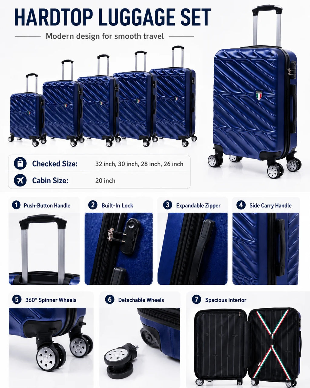 TUCCI Italy SPECIALI 4 Piece Detachable Spinner Wheel Suitcase Set